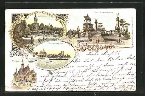 Lithographie Breslau, Kreuzkirche und Dom, Liebichshöhe, Kaiser Wilhelm-Denkmal, Rathaus