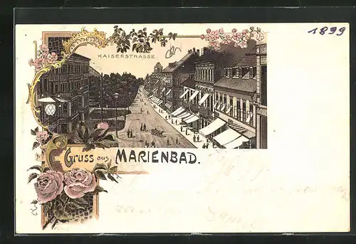 Lithographie Marienbad, Kaiserstrasse aus der Vogelschau