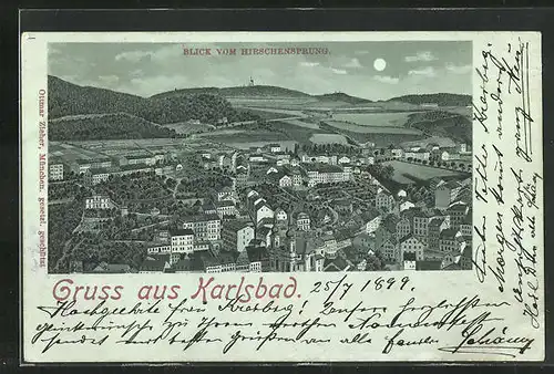 Mondschein-Lithographie Karlsbad, Panoramablick vom Hirschensprung