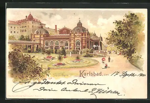 Lithographie Karlsbad, im Stadtpark