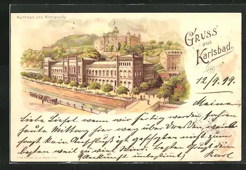 Lithographie Karlsbad, Kurhaus und Königsvilla