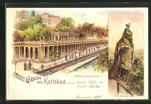 Lithographie Karlsbad, Hirschensprung, Mühlbrunnencolonade