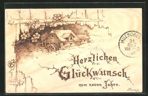 Holzbrand-Imitations-AK Haus mit Wasserrad