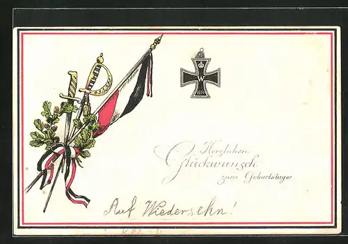 Präge-AK Kriegsgeburtstag, Reichsfahne mit Kranz und Säbel