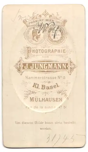Fotografie J. Jungmann, Kl. Basel, Hammerstrasse 13, Brustportrait junge Dame mit Flechtfrisur