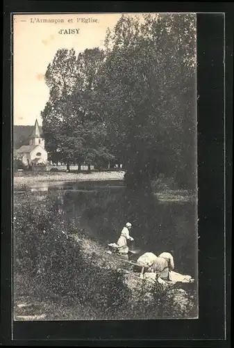 AK Aisy, L`Armancon et Eglise, Waschfrauen am Fluss