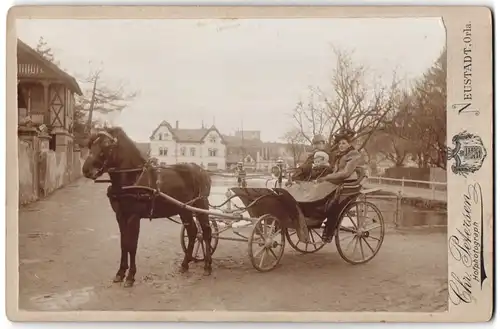 Fotografie Chr. Petersen, Neustadt, Schillerstrasse, Ansicht Neustadt /Orla, Familie im Ponnygespann am Gamsenteich