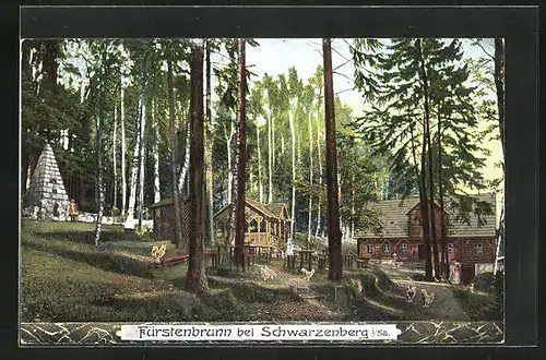 AK Fürstenbrunn, Waldidylle mit Köhlerhaus und Denkmal