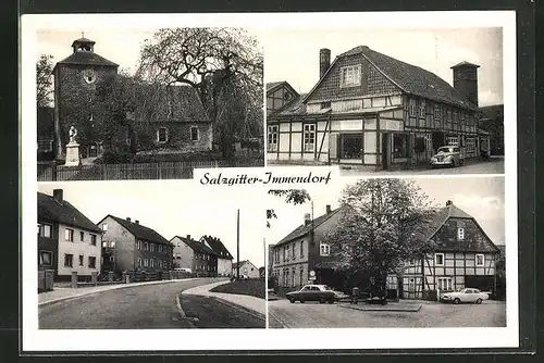 AK Salzgitter-Immendorf, Geschäft mit Auto, Kirche und Denkmal, Strassenpartie mit Gebäudeansicht