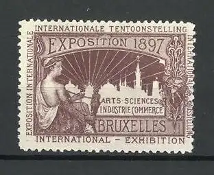 Reklamemarke Bruxelles, Exposition & Intern. Tentoonstelling 1897, Göttin blickt auf die Stadt