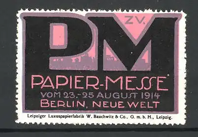 Reklamemarke Berlin, Papier-Messe 1914, Messelogo und Stadtsilhouette