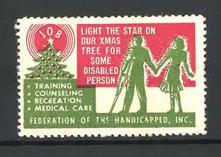 Reklamemarke Federation of the Handicap, beleuchteter Weihnachtsbaum und Vereinslogo JOB
