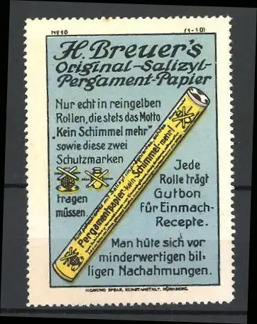 Reklamemarke H. Breuer's Original Salizyl-Pergament-Papier, Ansicht einer Rolle Papier, Bild 10