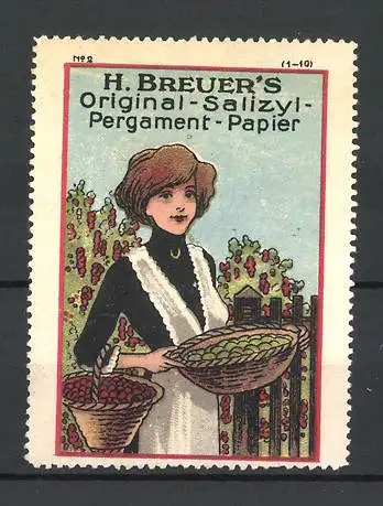 Reklamemarke H. Breuer's Original Salizyl-Pergament-Papier, Hausfrau mit Obstkörben, Bild 2