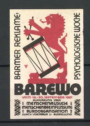 Reklamemarke Barmen, Reklame und Psychologische Woche BAREWO 1927, Messelogo trommelnder Löwe