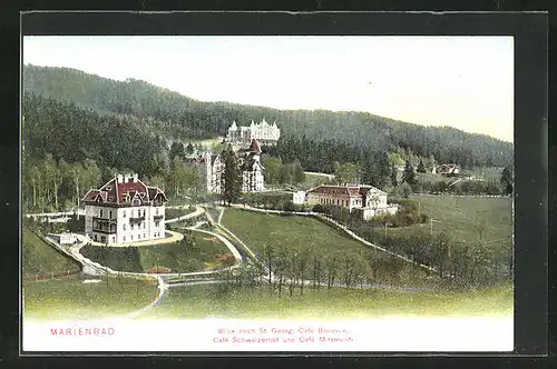 AK Marienbad, Blick nach St. Georg, Café Bellevue, Café Schweizerhof und Café Miramonti