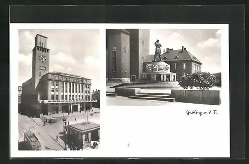 AK Gablonz / Jablonec Nad Nisou, Rathaus und Brunnen