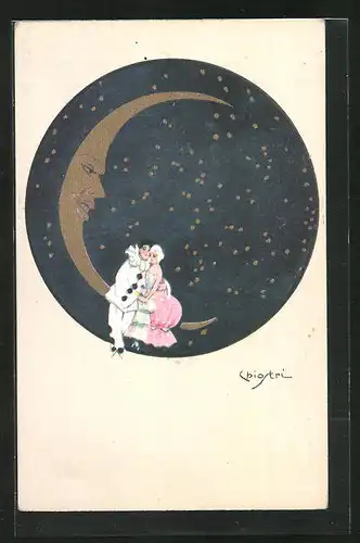 Künstler-AK Carlo Chiostri: Harlekin mit Frau auf dem Mond