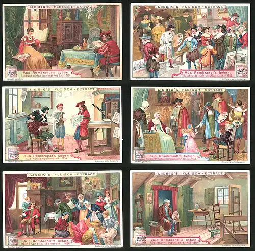 6 Sammelbilder Liebig, Serie Nr.: 863, Aus Rembrandt`s Leben, Jan Six, Hunderguldenblatt, Nachtwache