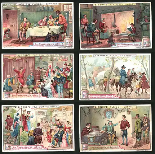 6 Sammelbilder Liebig, Serie Nr.: 865, Aus Shakespeare`s Leben, Theater, König