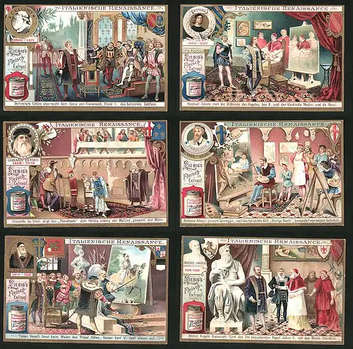 6 Sammelbilder Liebig, Serie Nr.: 794, Italienische Renaissance, Michel Angelo, Allegri, Vecelli, Sanzio, Cellini, Vinci