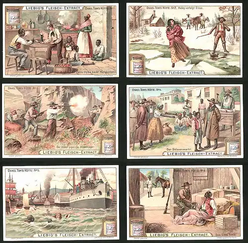 6 Sammelbilder Liebig, Serie Nr.: 762, Onkel Tom`s Hütte, Sklaven, Haley, Tante Choe, Sklavenjäger