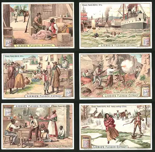 6 Sammelbilder Liebig, Serie Nr.: 762, Onkel Tom`s Hütte, Sklaven, Haley, Tante Chloe