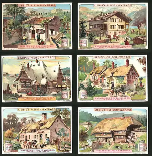 6 Sammelbilder Liebig, Serie Nr.: 807, Europäische Bauernhäuser, Schwarzwald, Bretagne, Wales, Grossrussland, Campanien