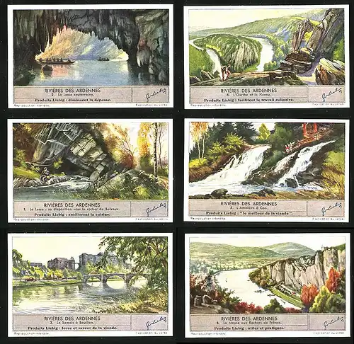 6 Sammelbilder Liebig, Serie Nr.: 1398, Rivièrs des Ardennes, Meuse, Semois, L`Ambleve, Lesse, L`Ourthe