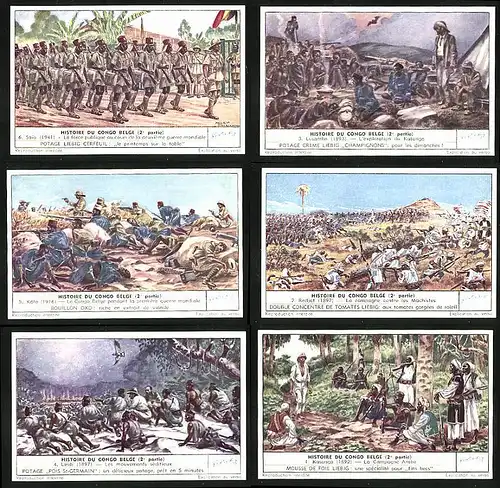 6 Sammelbilder Liebig, Serie Nr.: 1546, Histoire du Congo Belge, Kasongo, Ureinwohner, Lindi, Redjaf, Soldaten, Kato