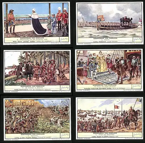 6 Sammelbilder Liebig, Serie Nr.: 1631, Geschiedenis van Engeland, Willem, Ritter, Bogenschützen, Drake, Indianer, Indie