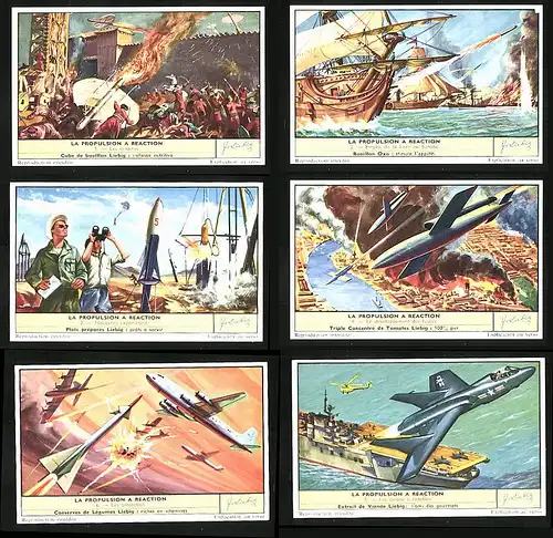 6 Sammelbilder Liebig, Serie Nr.: 1653, La Propulsion a Reaction, Flugzeug, Krieg, Rakete, Flugzeugträger
