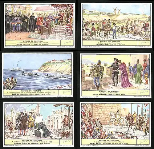 6 Sammelbilder Liebig, Serie Nr.: 1680, Histoire du Portugal, Losbonne, Maure, Ericeira, Torres Vedras, Henri Navigateur