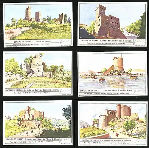 6 Sammelbilder Liebig, Serie Nr.: 1413, Chateaux de Toscane, Fosdinovo, Silano, Marciana Marina, Avenza, Arcidosso, Rome