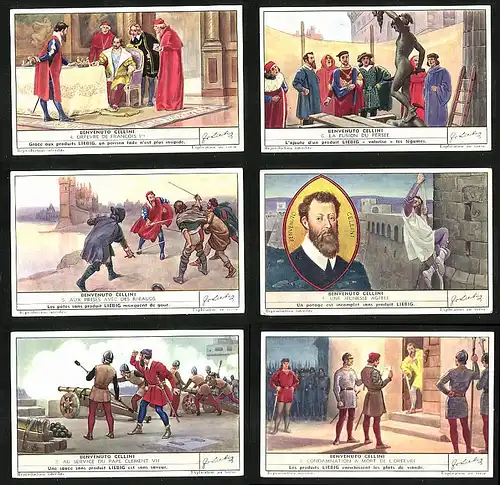 6 Sammelbilder Liebig, Serie Nr.: 1392, Benvenuto Cellini, Pape Clement VII, Ribauds, Persee, Francois I