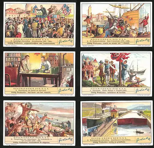 6 Sammelbilder Liebig, Serie Nr.: 1375, Geschiedenis der U.S.A., Imperialisme, Indianer vertreibung, Raleigh, Federalism