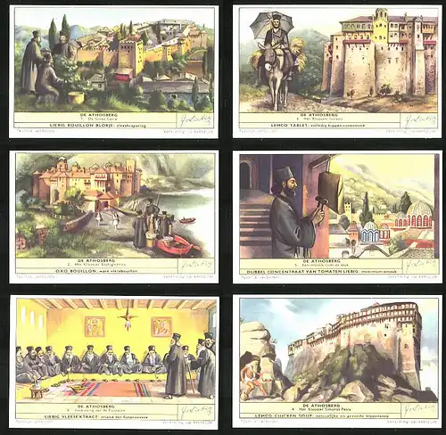 6 Sammelbilder Liebig, Serie Nr.: 1651, de Athosberg, Klooster, Epistaten, Esphigmenou, Iviroon, Lavra, Simonos Petra