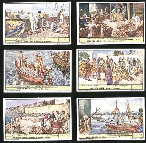 6 Sammelbilder Liebig, Serie Nr.: 1450, La Pèche des Éponges, Fischer, Kalymnos, Händler, Indes