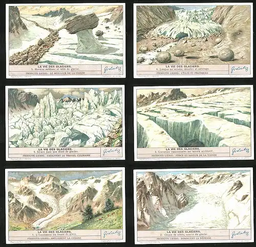 6 Sammelbilder Liebig, Serie Nr.: 1389, La Vie des Glaciers, Gletscher, Moraine mediane, Crevasses