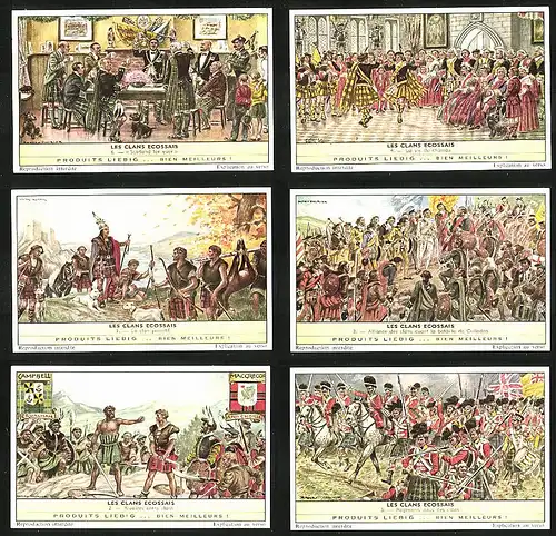 6 Sammelbilder Liebig, Serie Nr.: 1755, Les Clans Ecossais, Schotten, Culloden, Dudelsack, Kilt