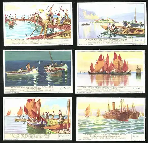 6 Sammelbilder Liebig, Serie Nr.: 1404, La Pêche ches les Peuples Méditerranéens, Fischer, Chiaggia, Paranze, Lacs Alpes