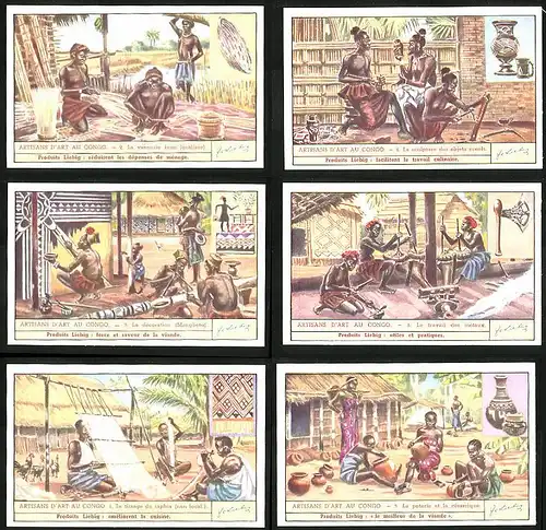 6 Sammelbilder Liebig, Serie Nr.: 1437, Artisans d`art au Congo, ceramique, tissage, métaux, sculpture, Afrikaner