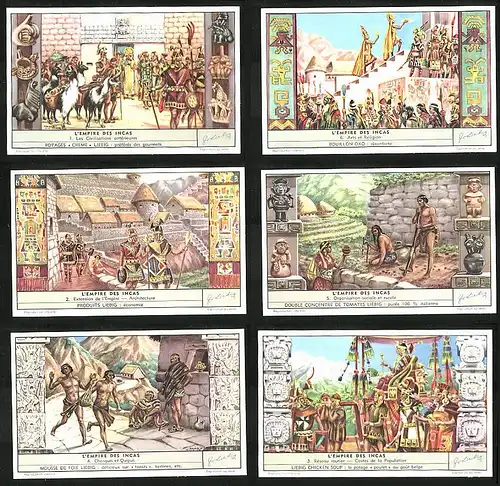 6 Sammelbilder Liebig, Serie Nr.: 1591, L`Empire des Incas, Chasquis et Quipus, rurale, Architecture, Feldarbeit