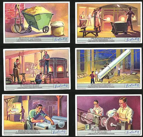 6 Sammelbilder Liebig, Serie Nr.: 1368, de Glasnijverheid, slijpen, glazen Rollen, Vensterglas, Blazen
