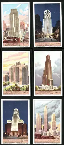 6 Sammelbilder Liebig, Serie Nr.: 1317, Gratte-Ciel Americains, Rockefeller Center, Pittsburg, New-York, Shell Oil Bldg