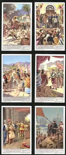 6 Sammelbilder Liebig, Serie Nr.: 1380, Groote Mannen uit de Geschiedenis van Latijnsch-Amerka, Vespucci, Cortez