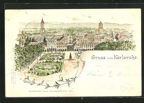 Lithographie Karlsruhe, Ortsansicht vom Schlossturm aus