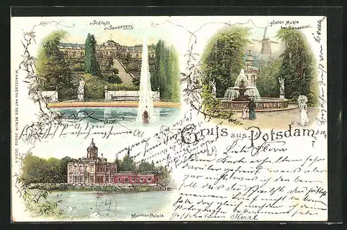 Lithographie Potsdam, Schloss Sanssouci, Marmor-Palais