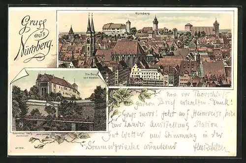 Lithographie Nürnberg, Burg, Blick über die Stadt