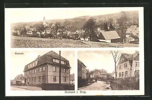 AK Drebach i. Erzg., Teilansicht, Strassenpartie mit Gebäudeansicht, Postamt